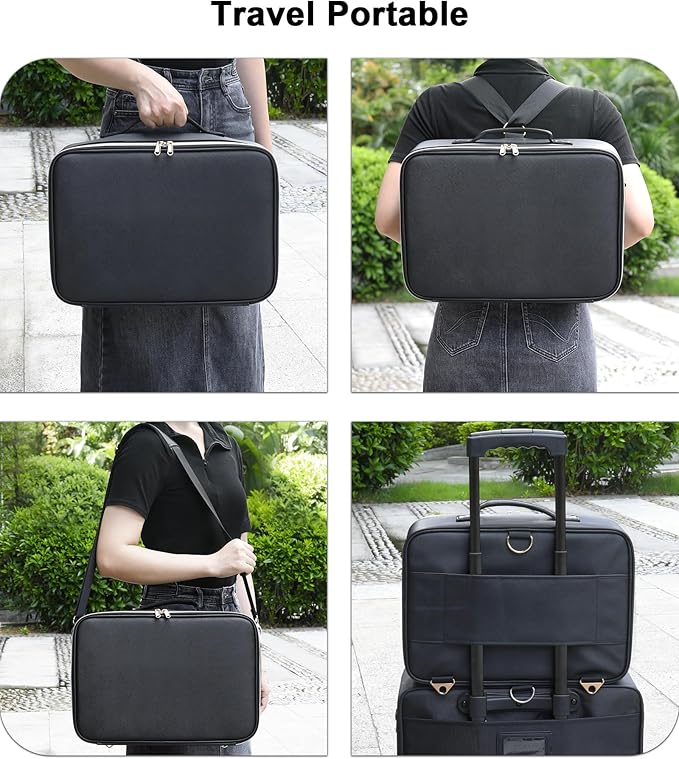 Chomeiu Makeup Bag with LED Mirror, Large Train Case for Makeup Artists, 16.2 inches Travel Professional Cosmetic Organizer with Light Up Mirror, 3 Color Lights, Brush Holder & Shoulder Strap (Black)