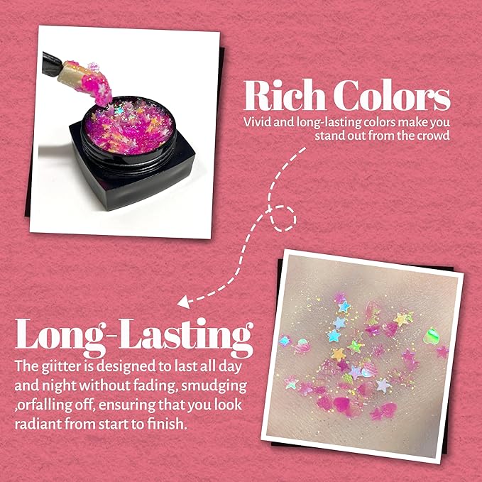 LALACE Face Glitter, Pink Body Glitter Gel - Long-Lasting Holographic Glitter for Hair, Face, Body, Shimmer Eyeshadow, 8PCS DIY Heart Love Temporary Tattoos, Valentine's Day Gifts for Girlfriend