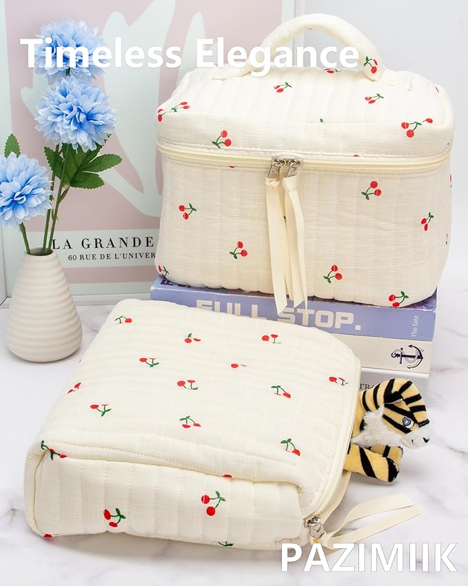 PAZIMIIK Quilted Makeup Bag Large Travel Zipper Soft Cosmetic Case for Women Girls Make Up,Cherry Beige