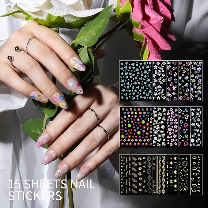 Teenitor Nail Charms and Gems Nail Art Tools, 6 Boxes 3D Nail Gems with 15 Sheets Nail Stickers for Nail Art, Flower Nail Stickers Nail Rhinestones Nail Supplies, Nail Pearls Nail Stuff Nail Decor