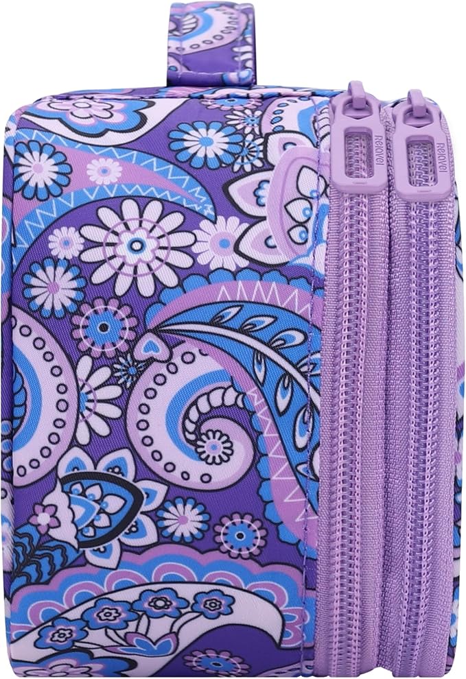 Relavel Travel Makeup Bag, Small Floral Cosmetic Bag with Makeup Brush Compartment, Portable Makeup Pouch for Women, Double Layer Cute Toiletry Organizer Bag, Purple Flower