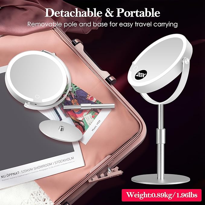 20X Magnifying Mirror with Light, Height Adjustable 2000mAh Makeup Mirror with Light, 3 Color Lights for Tabletop/Travel. Detachable Travel Makeup Mirror, Vanity Mirror for Bathroom, Silver