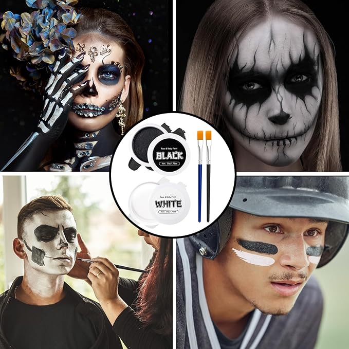 TonJin Black + White Face Body Paint Set 3.5oz/100g, Non-Toxic Professional Facepaint Makeup Kit with 2 Brushes for Kids & Adults Art Theater Halloween Party Cosplay Clown Corpse Goth SFX Makeup