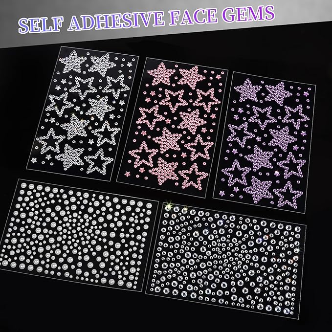 Teenitor Star Face Stickers Star Face Gems For Kids Women, Self Adhesive Face Rhinestones Hair Gems for Face, Body, Hair Makeup, Star Accessories Face Jewels For Women Kids