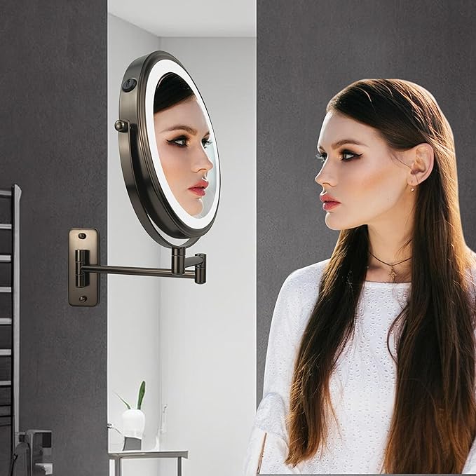 JANEEVA 8 inch Wall Mounted Lighted Makeup Mirror, Rechargeable Double Sided 1X/10X Magnifying Mirror with 3 Color Lights, Touch Dimming Vanity Mirror for Bathroom,Oil Rubbed Bronze