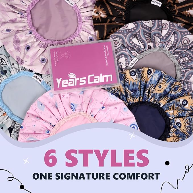 Years Calm Evil Eye Shower Caps for Women Reusable Waterproof, Pattern and Solid Color Dual-Layer Design, Hair Cap for Shower with Elastic Band, Fits Braids, Dreadlocks & Long Hair (Pink)