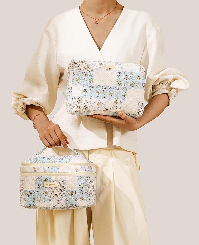 HBselect 2Pcs Travel Makeup Bag, Large Cotton Quilted Makeup Bag Cosmetic Bag Cute Make up Bag Toiletry Bags for Women Girls
