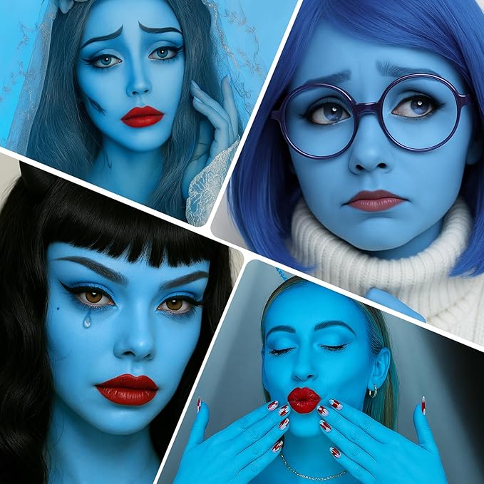 BOBISUKA Sally Halloween Makeup Kit- Light Blue Face Body Paint Stick with Red Lipstick, Black Eyeliner, Self-Adhesive Lashes, Setting Powder & Sponges Makeup Set For Avatar, Corpse Bride, Theme Party