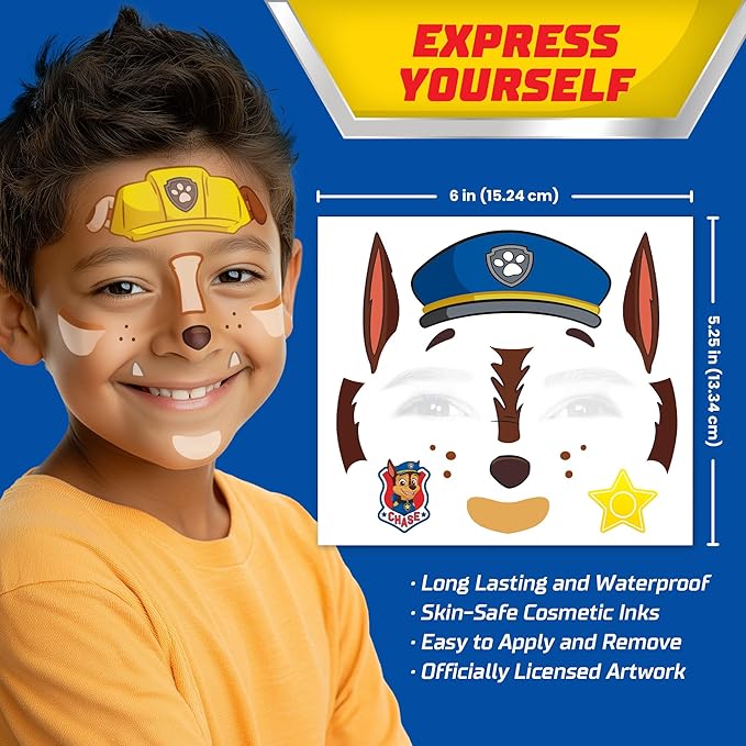 Paw Patrol Costume Face Tattoos – Temporary Tattoo Set for Kids Featuring Chase, Marshall, Skye & More, Easy Halloween Costume Accessory, Safe & Non-Toxic