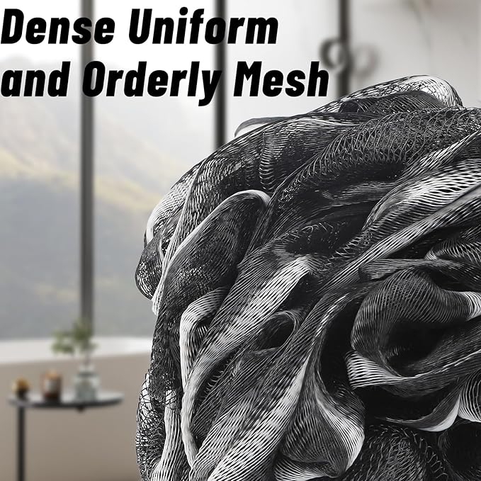 Loofah with Long Handle - Extra Large Soft PE Bath Sponge, Superior Mesh Body Scrubber for Shower with Hanging Rope - Exfoliating Back Scrubber for Shower, Suitable for Men & Women (Black)