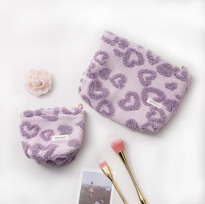 2 Pcs Makeup Bags, Large Cosmetic Bag Travel Toiletry Bag Organizer for Women, Plush Makeup Bag Small Cosmetic Pouch Purse with Zipper Gifts for Girls Teen