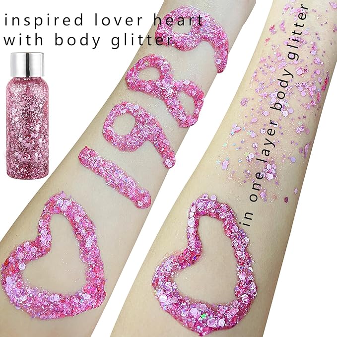 MEICOLY Pink Face Glitter,Pink Body Glitter,Sparkly Hair Glitter,Singer Concerts Lover Heart Chunky Glitter,Glitter Makeup,Mermaid Glitter Face Paint
