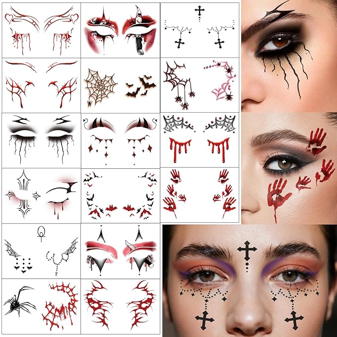16 Sheets Halloween Face Temporary Tattoo, Spiders Web Bats Skulls Bloody Palm Upper & Lower Lash Realistic Designs Scary Motifs Tattoos for Men & Women Cosplay Party & Festive Face Makeup Decoration