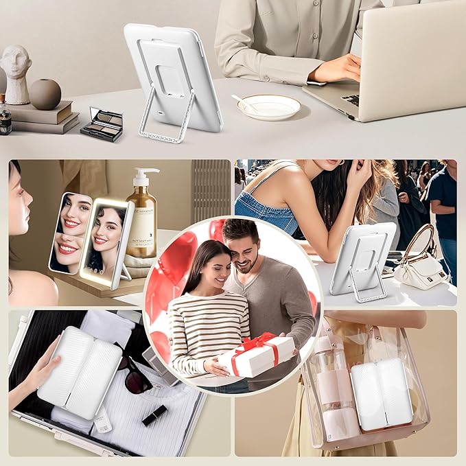 Lighted Makeup Mirror with 30X/10X/5X Magnification, Detachable Design for Travel, Rechargeable Trifold Mirror with 3 Color& Adjustable Brightness, Portable Makeup Mirror with Lights for Desk