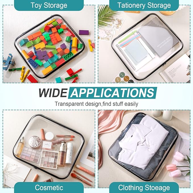 Sanwuta 6 Pcs Clear Hard Zipper Case Pencil Pouches Hard Plastic Zipper Pouches Makeup Bag Transparent Cases for Snacks Plastic Storage Organizer Box for Travel(Black,13.78 x 11.81 x 2 Inch)