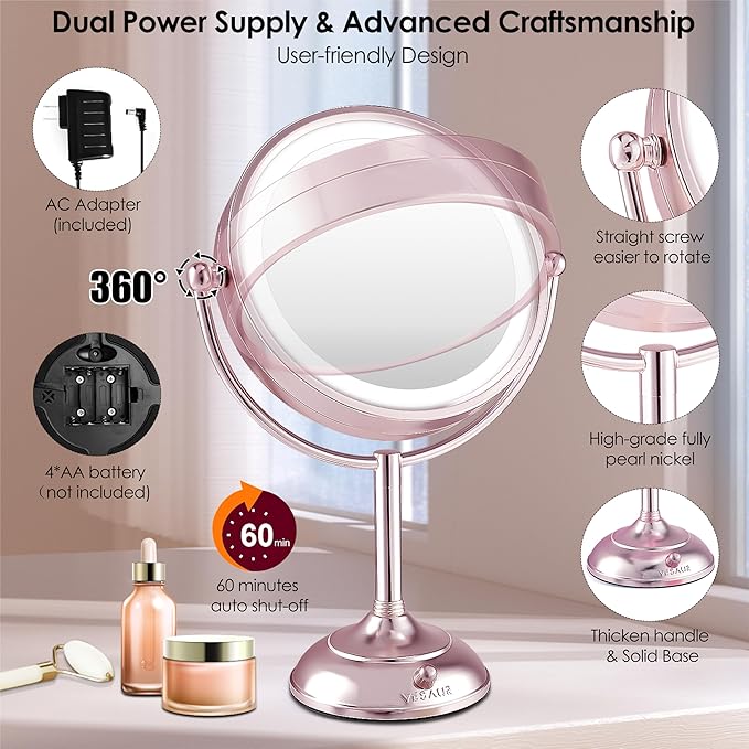 VESAUR Lighted Makeup Mirror Rose Gold Nickel, Double Sided 1X/10X HD Undistorted Magnifying Mirror, 8.5" Vanity Mirror with 3 Colors Dimmable 90 Bright LEDs, 360°Swivel Two Power Supply, Luxury Gifts