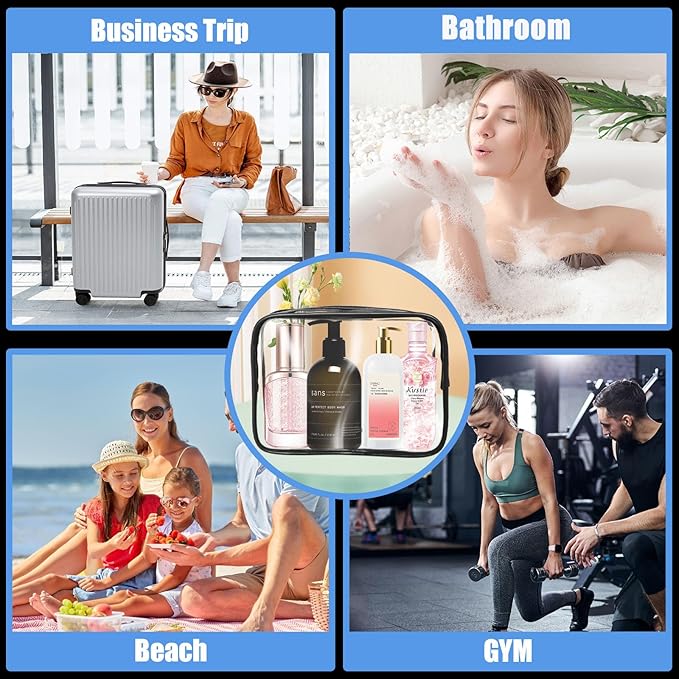 12 Pcs Clear Cosmetic Bag PVC Waterproof Zippered Clear Toiletry Carry Pouch Cosmetic Makeup Bag for Women Men Vinyl Plastic Organizer Case for Vacation Bathroom (Large, Black)