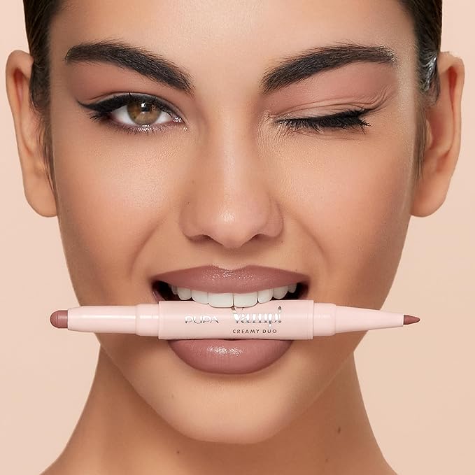 Pupa Milano Vamp! Creamy Duo, 002 Medium Nude, 1 Pc - 2 in 1 Lipstick and Lip Pencil - Long Lasting - Lightweight - No-Transfer - Smooth Texture - Highly Pigmented