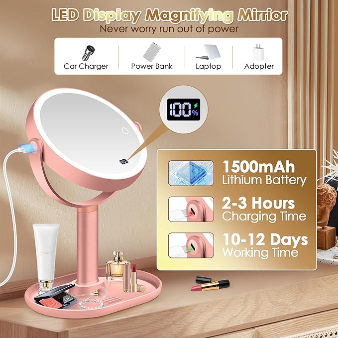 MIYADIVA Makeup Mirror with Lights, 30X/1X Magnifying Mirror with Digital Display, Height Adjustable Tabletop Mirrors, Detachable for Travel, Vanity Mirrors with Phone Holders, Rose Gold