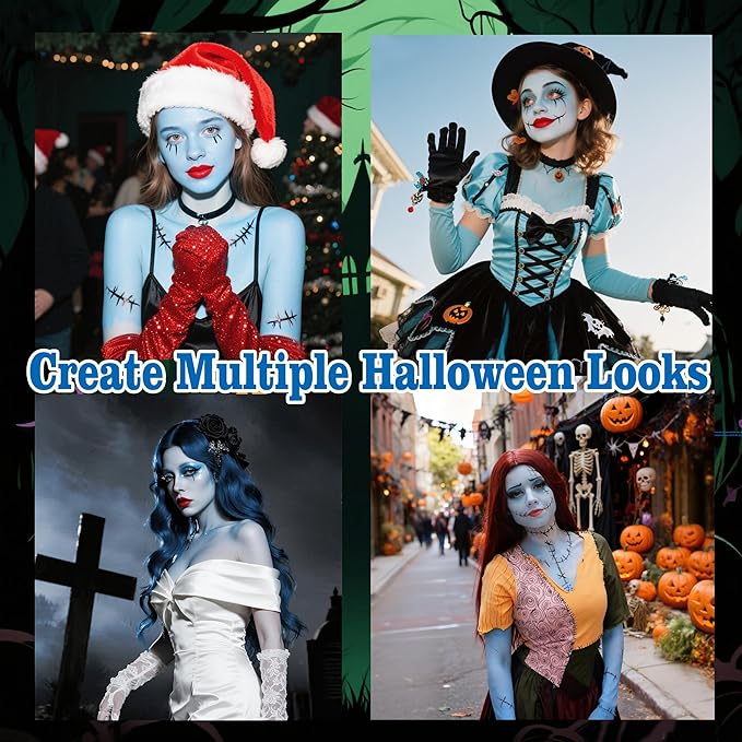 Sally Makeup Kit, Corpse Bride Halloween SFX Makeup Kit, Sally Face Costume Cosplay Accessories for Women Girls, Water Activated Light Blue Face Body Paint+Red Lipstick+Black Eyeliner+Sponges