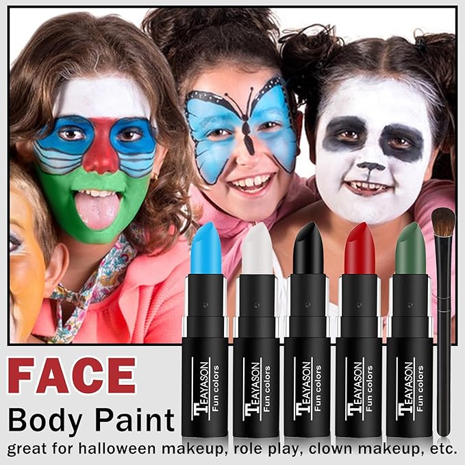 DAMUSI Blue Red White Face Paint Sticks Professional Eye Black Football Baseball Softball,Convenient Design Halloween Face Paint Makeup for Adults and Kids(Blue/White/Red Body Paint Sticks)