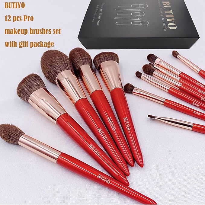 Makeup Brushes Set BUTIYO Synthetic Foundation Powder Concealers Eye shadows Blush Makeup Brushes with red 12 pcs (FB021)