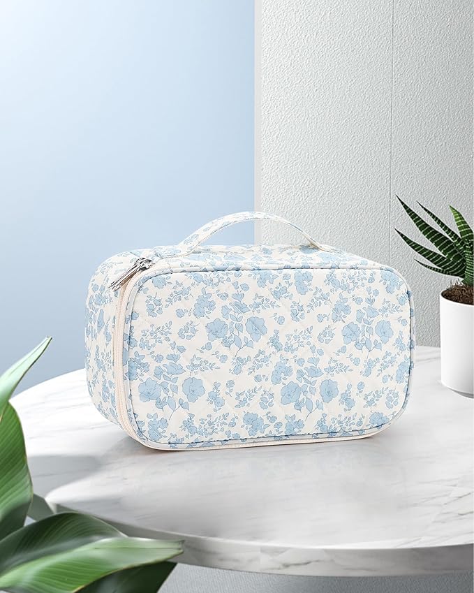 Relavel Travel Makeup Bag, Small Floral Cosmetic Bag with Makeup Brush Compartment, Portable Makeup Pouch for Women, Double Layer Makeup Organizer Bag Cute Toiletry Bag