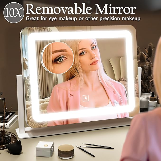 Vanity Mirror with Lights 15"x12", Lighted Makeup Mirror with 10X Magnification, 3 Color Lighting & Dimmable Brightness, Light Up Mirror for Desk, Bedroom, Bathroom