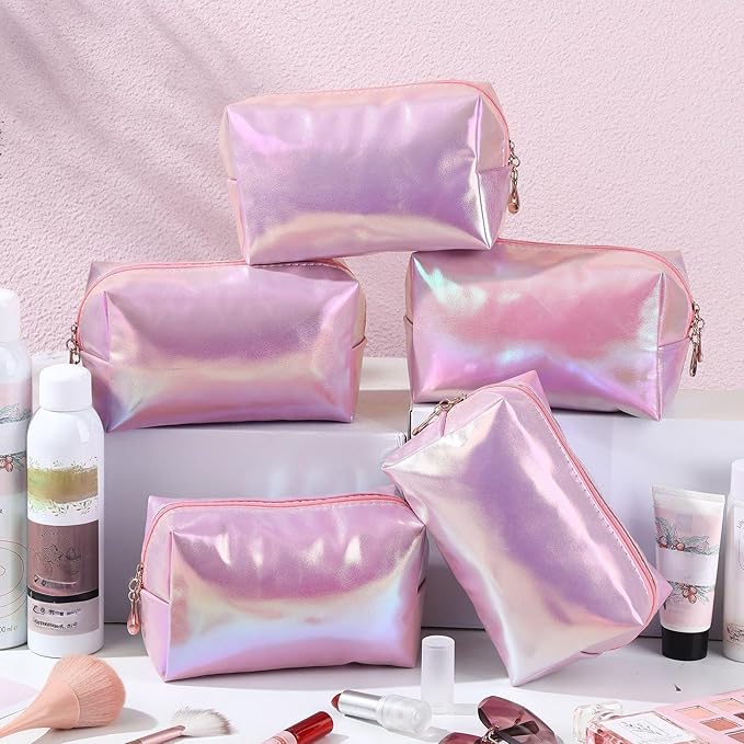 Sanwuta 9 Pcs Makeup Bags Bulk PU Double Zippers Cosmetic Bag Makeup Toiletry Pouch Portable Travel Organizers Case for Women Bachelorette Party End of The Year Bridesmaid Gift(Laser Pink)