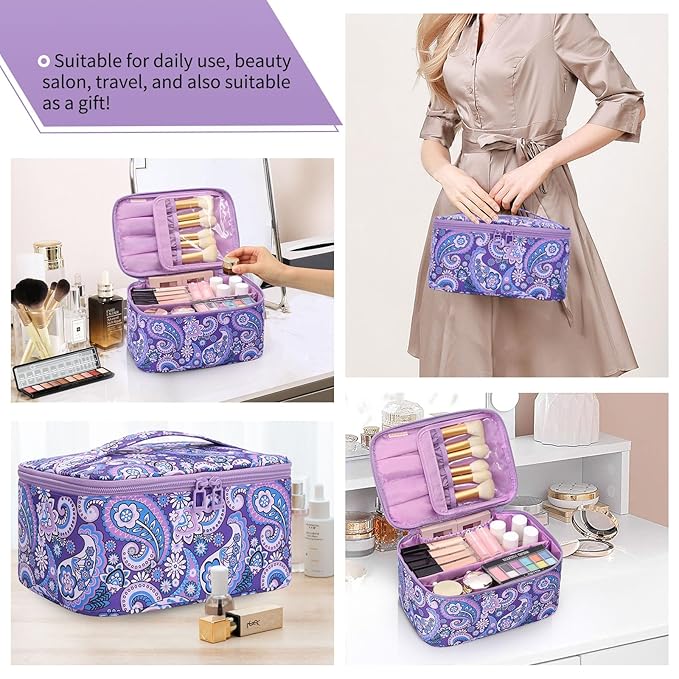 OCHEAL Makeup Bag - Portable Large Capacity Travel Cosmetic Case for Women with Handle and Divider Toiletry Organizer for Girls on the Go -Purple