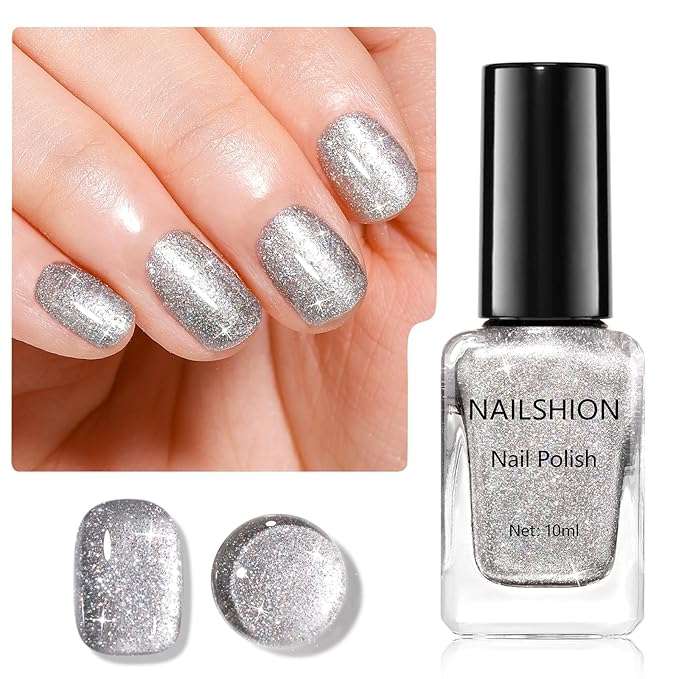 Silver Sparkle Nail Polish Oil-Based Glitter Rainbow Sparkly Regular Nail Polish Fast Air Dry Nail Lacquer Vegan Toe Fingernail Polish Nails Art DIY Home Travel Manicure Gift for Girls Women