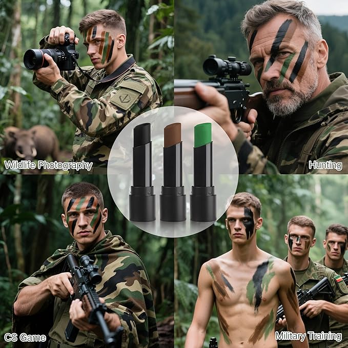 MEICOLY 3PCS Camo Face Paint Stick,Waterproof Hunting Army Military Face Paint,Black Green Brown Maroon Eye Black Stick for Baseball/Softball/Football,Camo Accessories