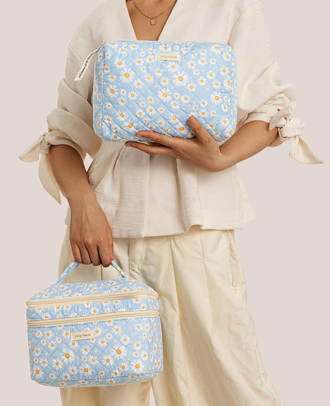 HBselect 2Pcs Travel Makeup Bag, Large Cotton Quilted Makeup Bag Cosmetic Bag Cute Make up Bag Toiletry Bags for Women Girls