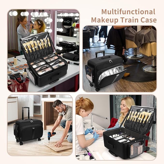 Large Rolling Makeup Case,Professional Makeup Artist Bag with 4 Small Bag Makeup Case, Adjustable Dividers, Portable Travel Supply Station for Cosmetics Storage Organizer Trolley Suitcase Makeup Cart