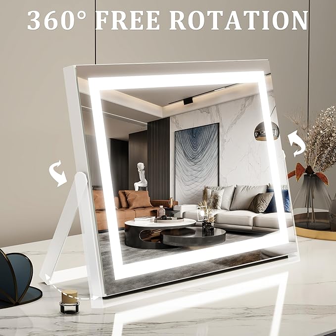 Vanity Mirror with Lights, 14" x 11" LED Makeup Mirror, 3 Modes Light, Smart Touch Control Dimmable, 10X Magnification, 360°Rotation, Square Corner Rectangle, White