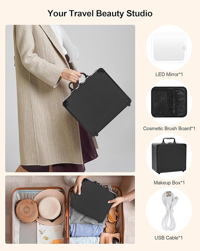 Makeup Box with LED Mirror, Makeup Bag with Light up Mirror& Adjustable Dividers Travel Make up Train Case Portable Cosmetic Organizer Case Waterproof Organizer Bag Gifts for Women and Girls