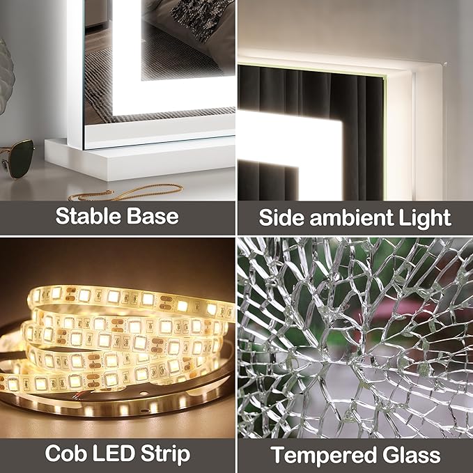 FENNIO 22" x 20" Vanity Mirror with Lights,LED Makeup Mirror,Hollywood Mirror with 3 Color Modes & Adjustable Brightness,Vanity Mirror Square White