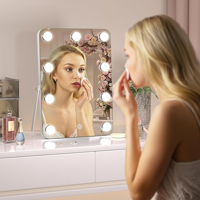 MINISO Vanity Mirror with Lights - 9.8" x 13.8" Hollywood Makeup Mirror with Adjustable Brightness, 3 Modes Light, 360°Rotation