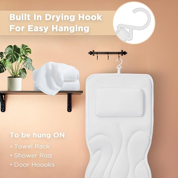 Full Body Bath Pillow for Tub, Extra Thick 4D Air Mesh & Quick-Dry Spa Pillow for Head Neck and Beck Support, Non-Slip Suction Cups Fits All Tubs - Luxury Bath Accessories for Relaxation (White)