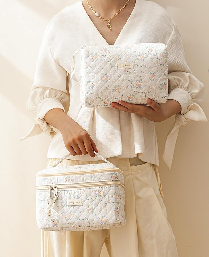 HBselect 2Pcs Travel Makeup Bag, Large Cotton Quilted Makeup Bag Cosmetic Bag Cute Make up Bag Toiletry Bags for Women Girls