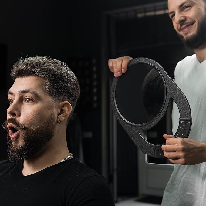 TASALON Unbreakable Hand Mirror, Hand Mirrors with Handle, Salon, Barber Mirror for Hair, Anti-Slip Hand Held with Rubber Grip for Travel, Makeup, Shaving, Shower, Camping - Black