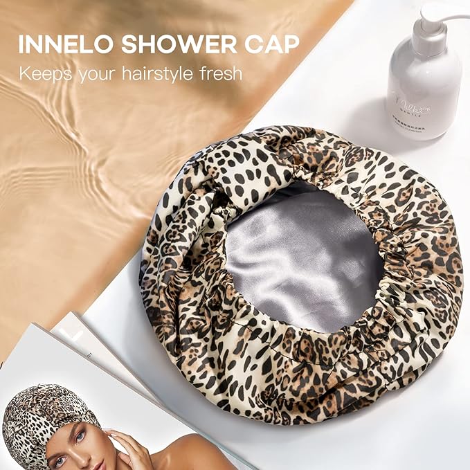 INNELO Luxury Shower Cap for Women Reusable Waterproof, Double Layered Shower Hair Cap with Adjustable Elastic Strap, Large Satin Lined Shower Bath Cap for Long Curly Straight Hair, Leopard