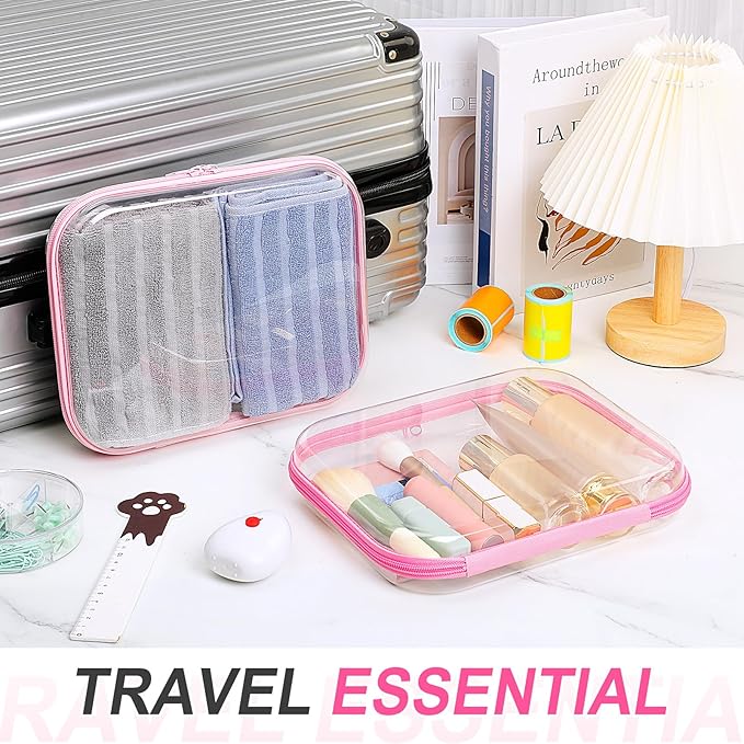 Hoolerry 4 Pcs Hard Clear Zipper Case Makeup Bags Plastic Pencil Pouch Transparent Storage Box Containers for Cosmetics, Snacks, Building Blocks, Puzzles(Pink,9.8 x 7.9 x 2 in)