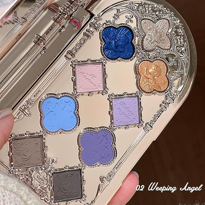 Flower Knows Little Angel 9-Color Eyeshadow Palette with 6 Matte+3 Shimmer Blue Shades,Long-lasting,Easy-to-apply & Highly Pigmented Goth Eye Shadow(02 Weeping Angel,0.37 Oz)