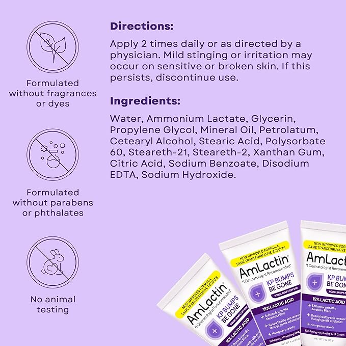 AmLactin KP Bumps Be Gone - 3 oz Keratosis Pilaris Moisturizing Cream with 15% Lactic Acid - Exfoliator and Moisturizer for Dry, Rough and Bumpy Skin, Pack of 2 (Packaging May Vary)