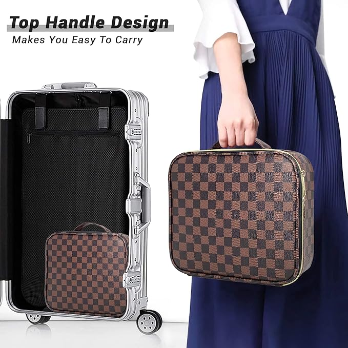 Checkered Makeup Bag, Portable Makeup Bag with Adjustable Partition, Cosmetic Bags for Women Toiletry Travel Organizer Portable Make Up Bags for Christmas Birthday Gifts