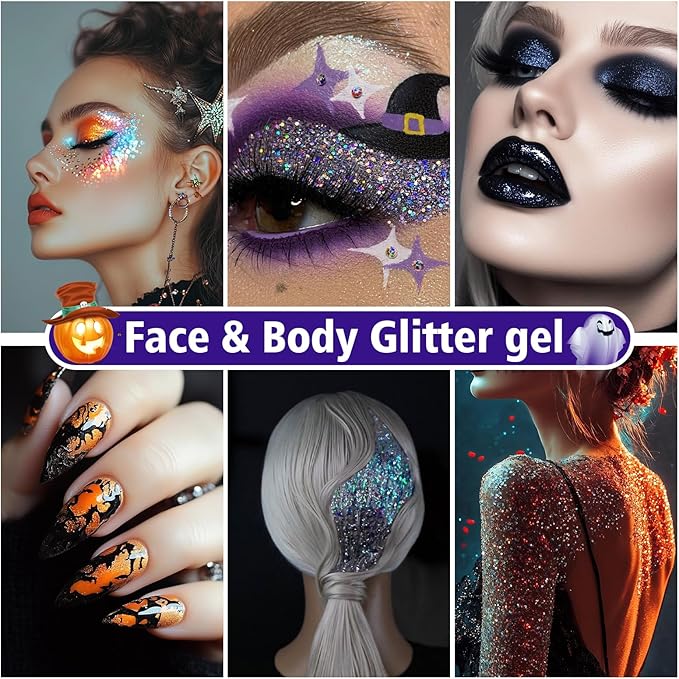 14 Colors Body Glitter,Face Glitter Makeup for Kids Women,Sparkly Chunky Hair Glitter for Eye Lip Nails,Mardi Gras Glitter Makeup Face Paint,Singer Concerts Disco Rave Festival Accessories-Hallowmas