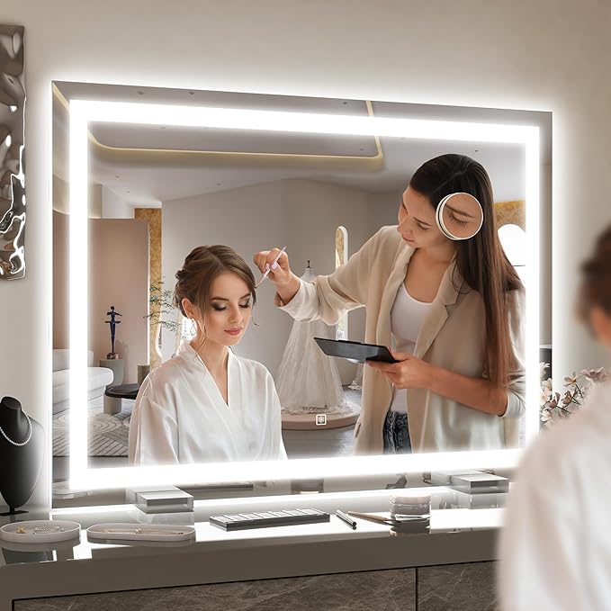 38"x28" Inch Large Lighted Vanity Mirror, 3-Color Lighting & Dimmable Modes, LED Makeup Mirror for Bathroom/Dressing Room (Wall/Tabletop Mount, White)