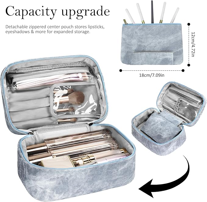 Makeup Bag, Portable Cosmetic Bag, Large Capacity Travel Makeup Case Organizer,Stylish Denim-Look Toiletry Bag for Women Girls With Handle and Removable Pouch