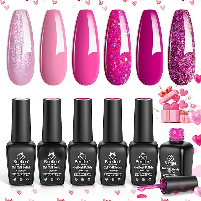 beetles Gel Polish Pink Angel - Christmas Gel Nail Polish Set Pink Rose Nude Glitter Sparkle Light 6 Colors Kit Soak off Uv Led Nail Art DIY Salon Home Gift for Women Girls